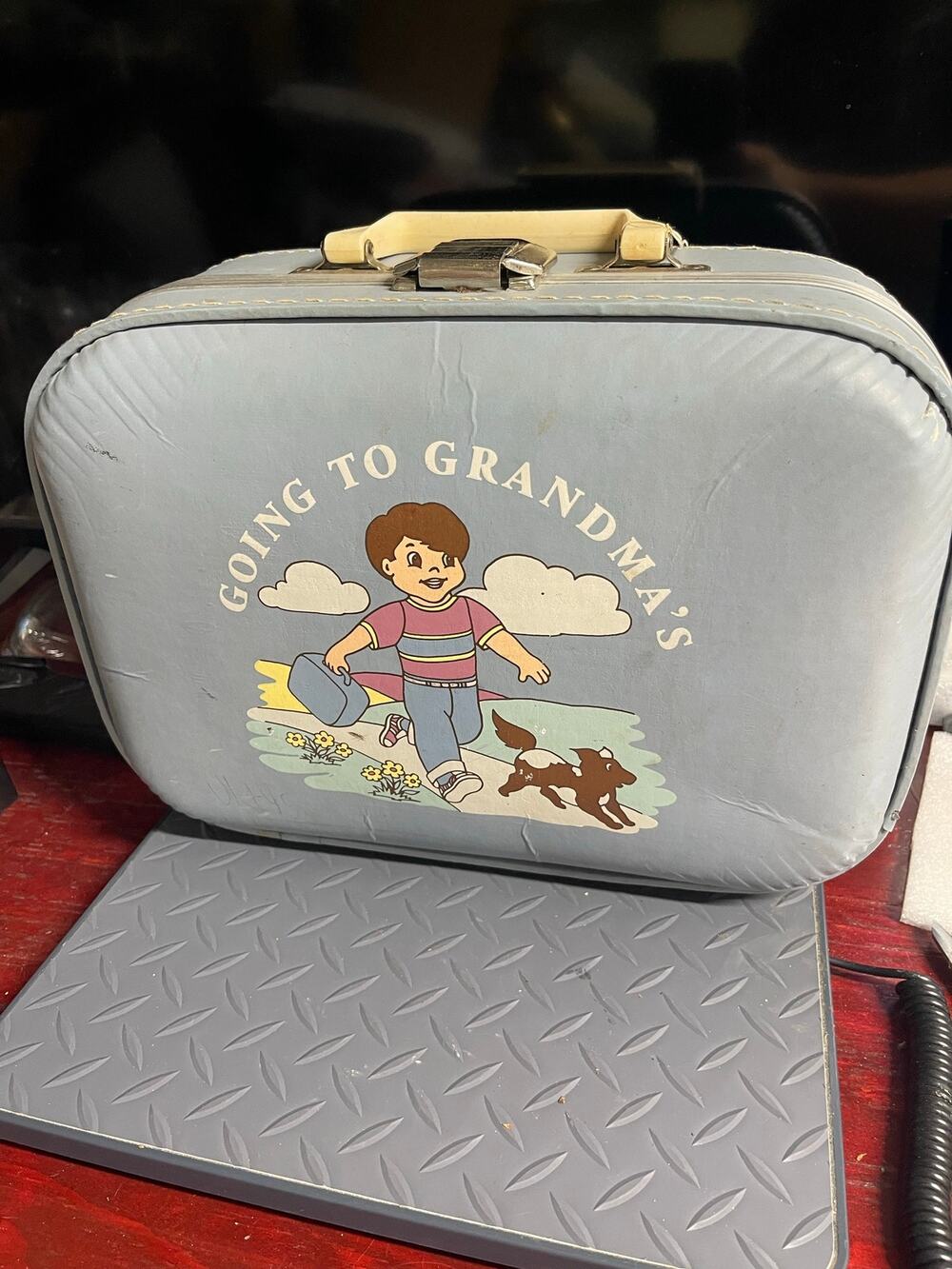 Vintage Blue Boys Going to Grandma's Childs Hard Travel Suitcase Luggage
